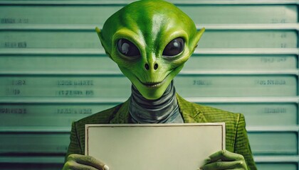 Close-up mugshot of a stereotypical green skinned alien holding a blank name sign, against a police height measurement 