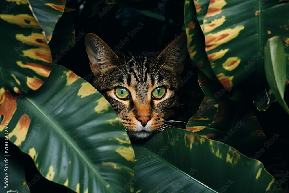 Fototapete an abstract representation of feline forms seamlessly blending with the fluttering foliage of the tr