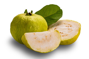 Side view of fresh guava fruit whole and half with green guava leaf isolated on white background with clipping path.