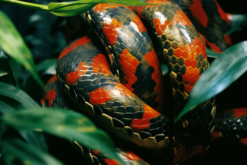 An abstract aria featuring intertwining anacondas, their sinuous forms creating a sense of fluidity and grace in the heart of the tropical jungle. - obrazy, fototapety, plakaty