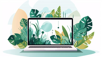 Graphic of a Laptop in green vegetation, representing eco friendliness in build materials as well as performance 