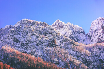 View of Alps in Kranjska Gora at sunrise. The tops of the mountains are covered with snow. Triglav...