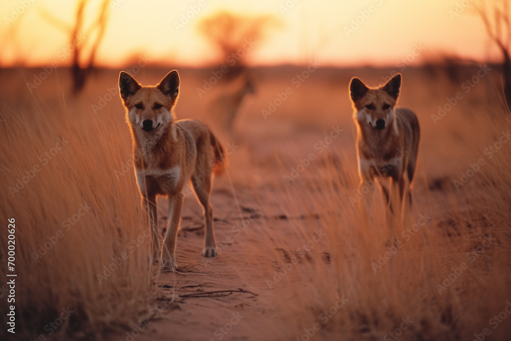Poster An abstract representation of dingoes in a dynamic dawn setting, their sleek forms adding a sense of wild energy to the tropical landscape.
