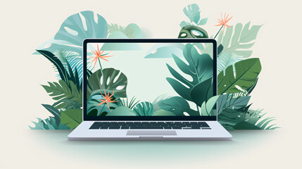 Graphic of a Laptop in green vegetation, representing eco friendliness in build materials as well as performance 