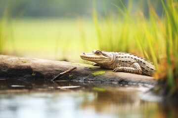 lone alligator on grassy river edge - obrazy, fototapety, plakaty