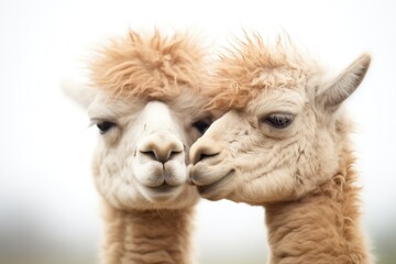 two alpacas nuzzling heads, eyes closed in comfort