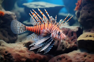 lionfish with extended pectoral fins among rocks - obrazy, fototapety, plakaty