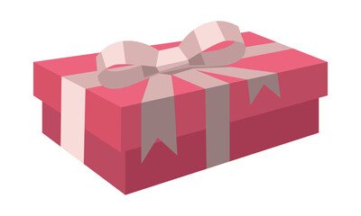 A rectangular, elongated pink gift box with a ribbon bow. Illustration of three-dimensional isometric gifts. A Valentine's Day gift highlighted on a white background. Delicate shades, geometric shapes