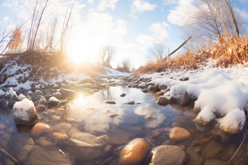 sunlight reflecting on a partially icy brook - obrazy, fototapety, plakaty