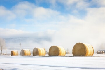 hay bales dusted with snow, steam rising - obrazy, fototapety, plakaty