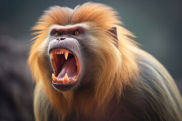 baboon with striking teeth yawning widely - obrazy, fototapety, plakaty