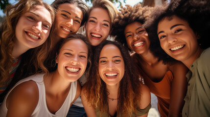 Fototapeta premium Diverse group of happy friends taking a selfie together, smiling at the camera, close-up.