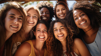 Diverse group of happy friends taking a selfie together, smiling at the camera, close-up.