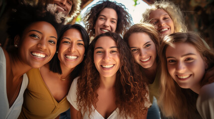 Obraz premium Diverse group of happy friends taking a selfie together, smiling at the camera, close-up.