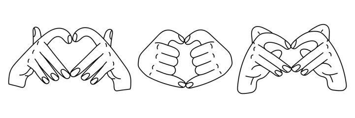 A pair of hands with a heart sign indicating I love you. Valentine's Day images, heart shapes with one hand. Contoured hands join at the heart, different options. One person shows love for others