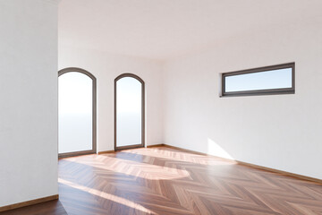 comfortable and modern dining and living room interior; rural design; bright sunlightl in ; 3D rendering