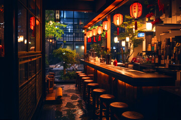 Asian bar with lanterns in an alley at night