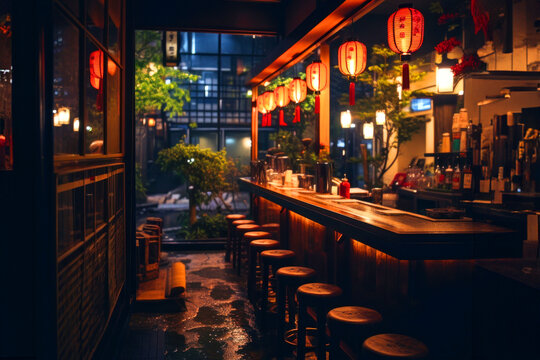 Asian bar with lanterns in an alley at night - Powered by Adobe