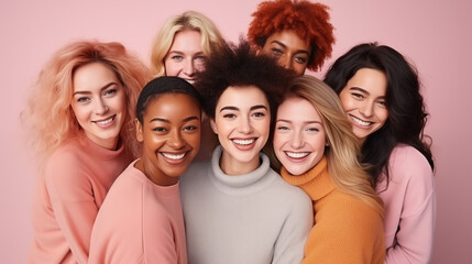 Fototapeta premium Group of diverse, smiling young adults standing in a row against a neutral background.