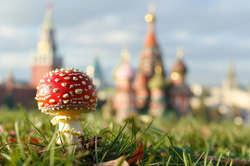 Red fly agaric mushroom (Amanita muscaria) in Moscow, Russia against the background of the Kremlin and St. Basil's Cathedral. Mushrooms in the city