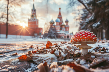 Red fly agaric mushroom (Amanita muscaria) in Moscow, Russia against the background of the Kremlin and St. Basil's Cathedral. Mushrooms in a winter city