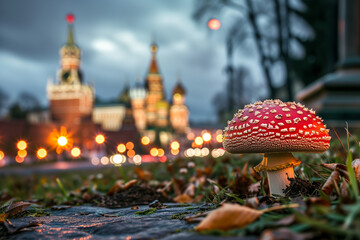 Red fly agaric mushroom (Amanita muscaria) in Moscow, Russia against the background of the Kremlin and St. Basil's Cathedral. Mushrooms in the night city