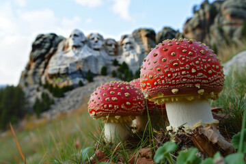 Red fly agaric mushrooms (Amanita muscaria) against the background of the Mount Rushmore National Memorial in the USA