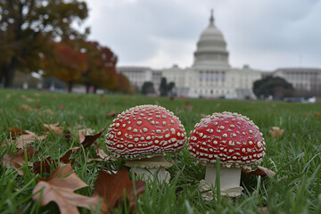 Red fly agaric mushrooms (Amanita muscaria) in Washington, D.C., USA against the background of the United States Capitol. Mushrooms and politics