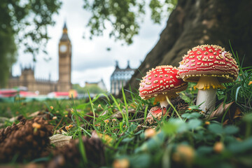 Red fly agaric mushrooms (Amanita muscaria) in London, United Kingdom against the background of the Elizabeth Tower. Mushrooms in the city