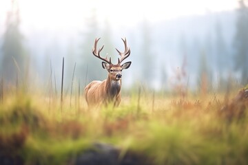 lone elk with velvet antlers in a foggy meadow