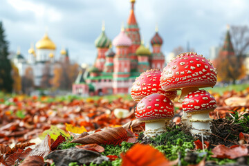 Red fly agaric mushrooms (Amanita muscaria) in Moscow, Russia against the background of the St. Basil's Cathedral. Mushrooms in the city