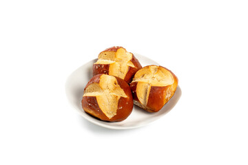 Three Laugen Pretzel Rolls on White Plate - Traditional German Bakery Snack