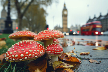 Red fly agaric mushrooms (Amanita muscaria) in London, England against the background of the Elizabeth Tower. Mushrooms in the city