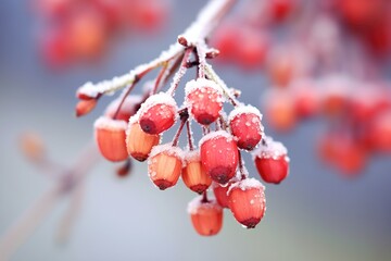 close-up of frost-covered red berries on a branch