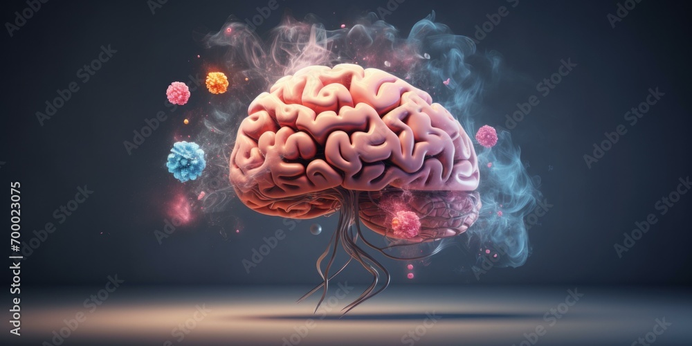Poster a vibrant illustration of a brain with colorful particles and smoke, representing creativity and int
