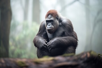 Obraz premium gorilla sitting pensively in a foggy forest scene