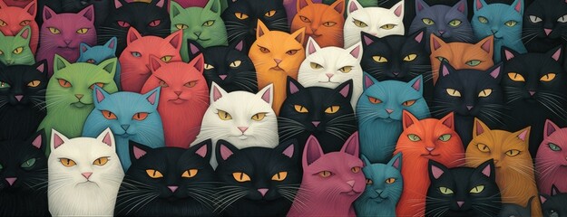 A vibrant collection of whimsical cat illustrations, each with unique colors and details, forming a tapestry of feline faces. Generative AI.