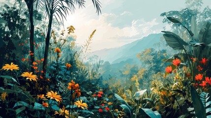 Fototapeta na wymiar A minimalist illustration depicting a tropical jungle, featuring simplified elements to convey the lush and vibrant essence of the environment.