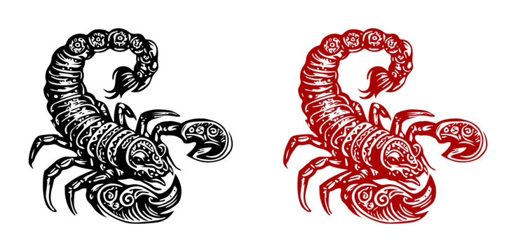 scorpion (black & red) - tattoo, logo, silhouette with ethnic design