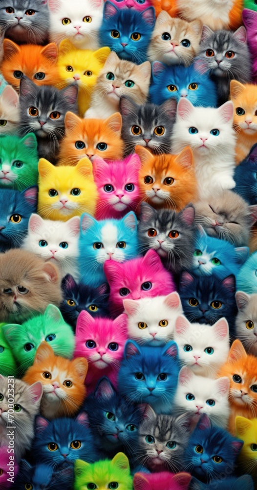 Poster A vibrant crowd of cats with captivating eyes, showcasing a delightful array of colors and textures. Generative AI.