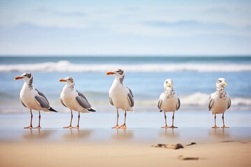 row of standing gulls facing the ocean breeze