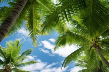 Fototapeta premium Tropical paradise with lush green palm leaves swaying in the breeze, Generative AI