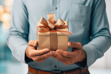 a man holds a wrapped gift in front of him in his hands