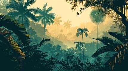 Fototapeta na wymiar A minimalist illustration depicting a tropical jungle, featuring simplified elements to convey the lush and vibrant essence of the environment.