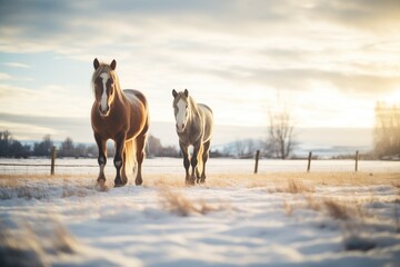 horses in a snowy pastureland