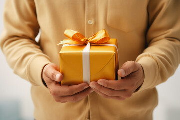 a man holds a wrapped gift in front of him in his hands