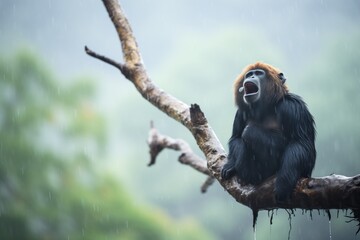 howler monkey calling during a misty morning