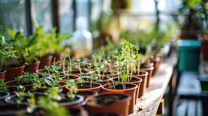 Growing young plants in a greenhouse in small plastic pots - obrazy, fototapety, plakaty