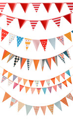 Sets of Colourful pennant bunting garland chain on transparent background cutout, PNG file. Mockup template for artwork design. Pattern collection