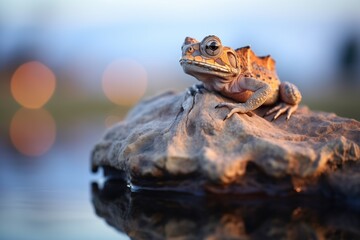 lone lizard on boulder displaying dewlap at dusk